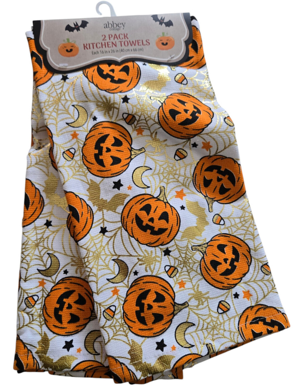 Abbey Cottage Kitchen Towel Set Halloween Decoration Pumpkins, Spider Web NWT
